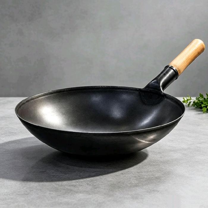 TQ880 Chinese Wok Blacksteel With Wooden Handle Kuali Baja Wajan penggorengan OBRAL