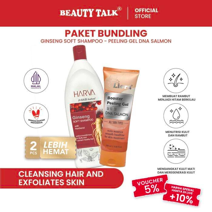 [Bundle Hemat - 2 Pcs] Harva Shampoo & Conditioner Ginseng 600Ml + Liora Peeling Gel Dna Salmon