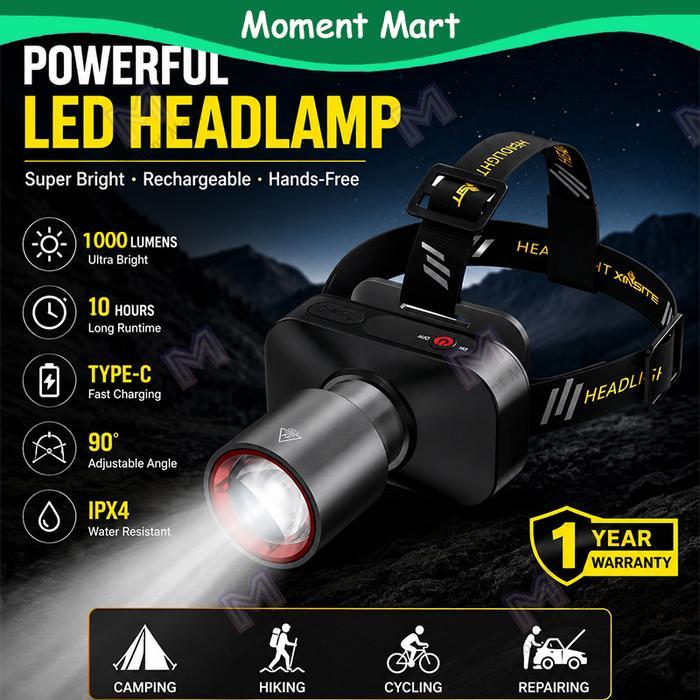 Premium Moment Mart Headlamp 1000Lumen Usb Recharge Fokus & Penyebaran Zoom 10000Mah Senter Kepala