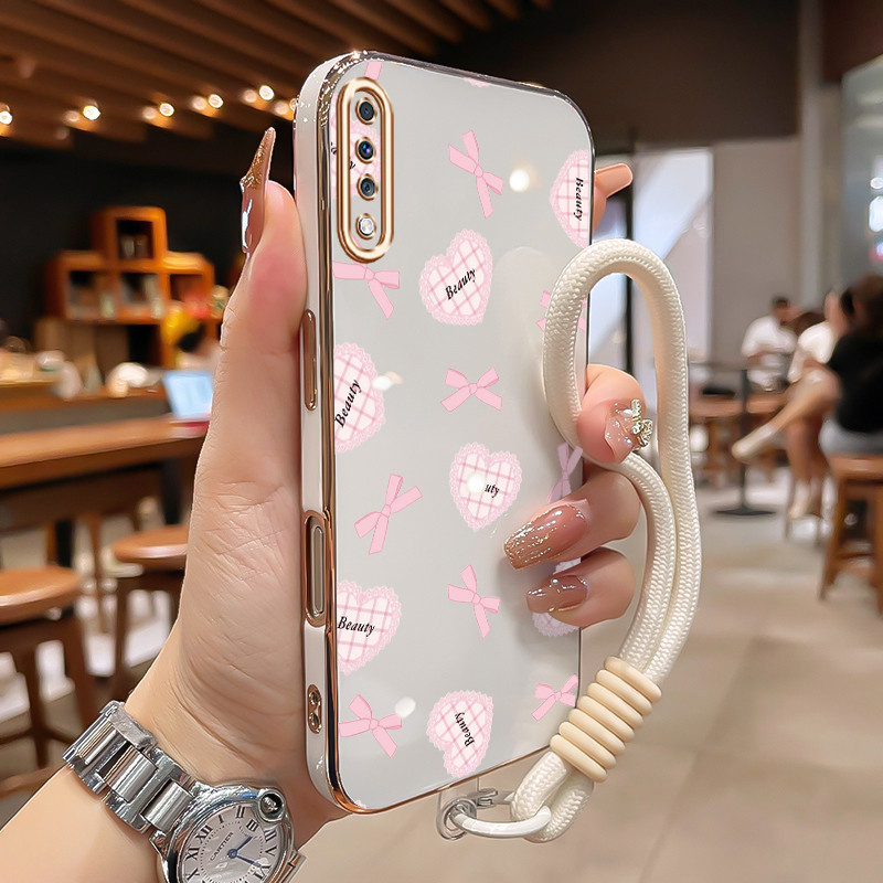 Casing Untuk Samsung Galaxy A70 Case Casing pola hati kotak‑kotak Kesing Sisi Electroplating Tali Ce