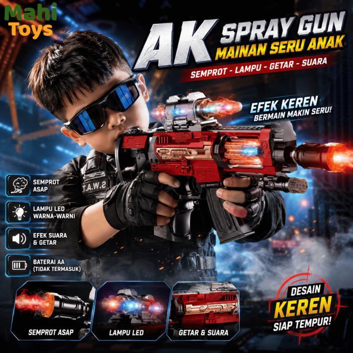 MahiToys - Mainan Anak Tembakan Suara Lampu, dan Asap Keren Spray Gun AK Rifle Mainan Anak