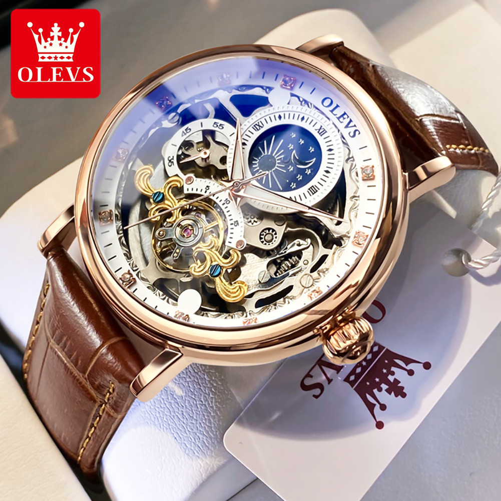 OLEVS Skeleton Watches Mechanical Automatic Watch Men Tourbillon Sport Clock Casual Business Moon