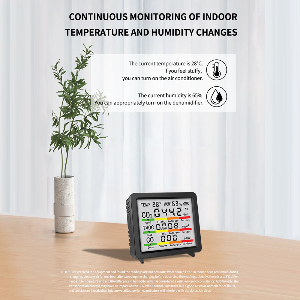 5in1 LD Sreen Air Quality Detetor Temperature Humidity Meter O2 Tester HHO TVO arbon Dioxide Monitor