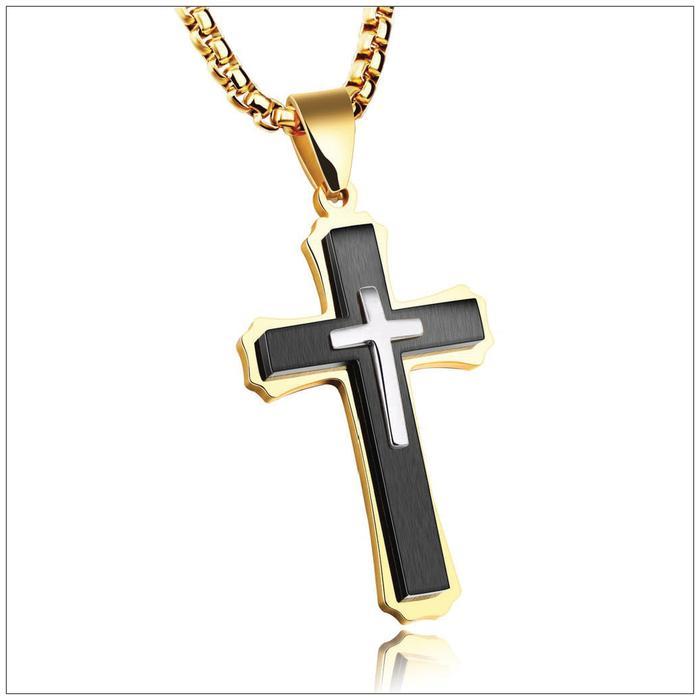 Promo Kalung Liontin Salib Pria Warna Putih / Hitam / Emas Rantai Stainless Original