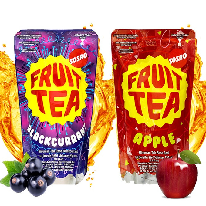 SOSRO FRUIT TEA POUCH KARTON 24 x 230ml APPLE BLACKCURRANT MINUMAN TEH RASA APEL BLACKCURANT MINUM R