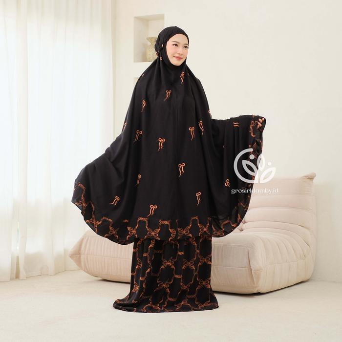 Mukena Jeddah Rayon Super Jumbo Atasan Bawahan Batik Tebal Adem Nyaman Panjang Lembut - Jeddah Hitam