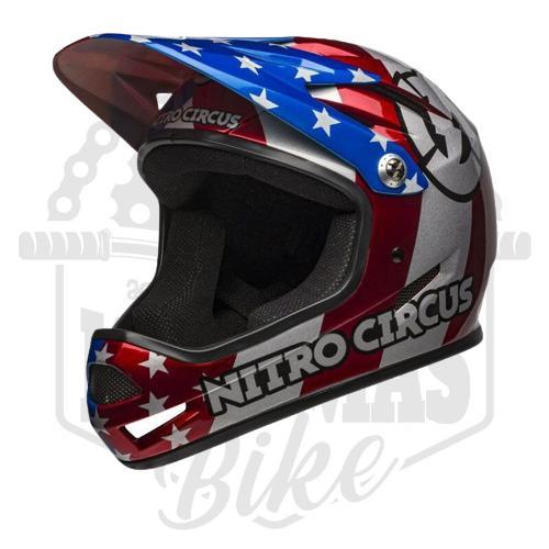 Pedalmaniaa- Helm Full Face Bell Sanction Red Silver Blue Nitron Helmet