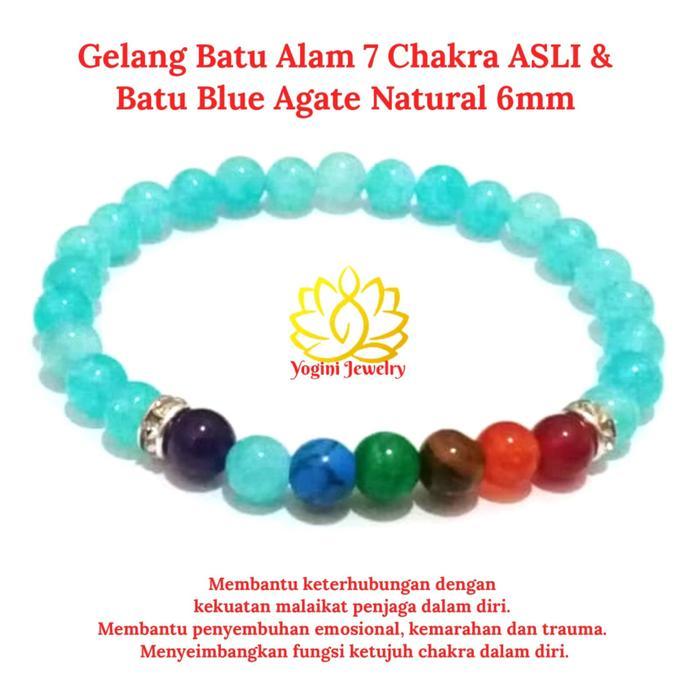 Virlokina- Yogini Jewelry Gelang Batu Natural 7 Cakra Chakra Asli Batu Blue Agate Natural 6Mm