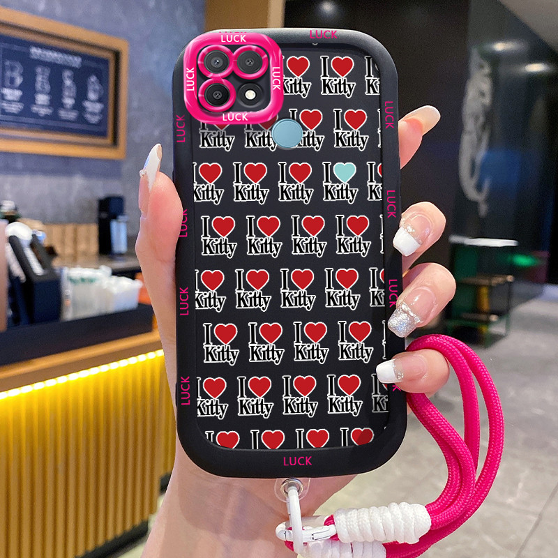 Casing Hp untuk OPPO A15 A15s A35 4G Case Pola Hati Pink Lucu Kasing ponsel silikon Kesing lanyard d