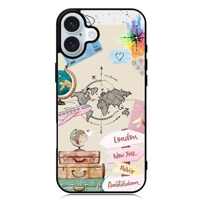 Pastel Travel Doodles & Compass CN0123 Casing Custom iPhone 17 16 16e 15 14 13 12 11 Pro Max Plus Ai