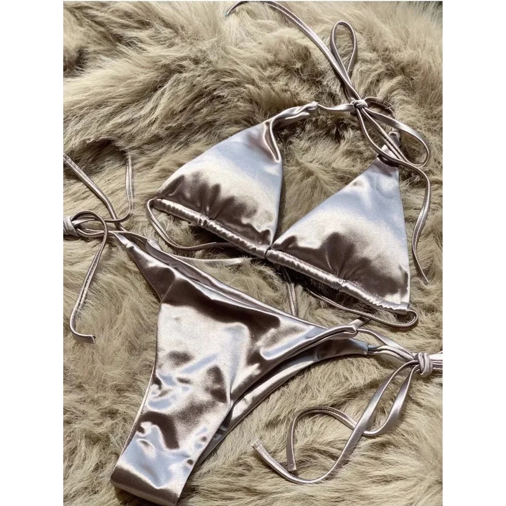 Wrap Around Halter Metallic Satin Bikini Women Swimwear Female Swimsuit Two-pieces Bikini Set