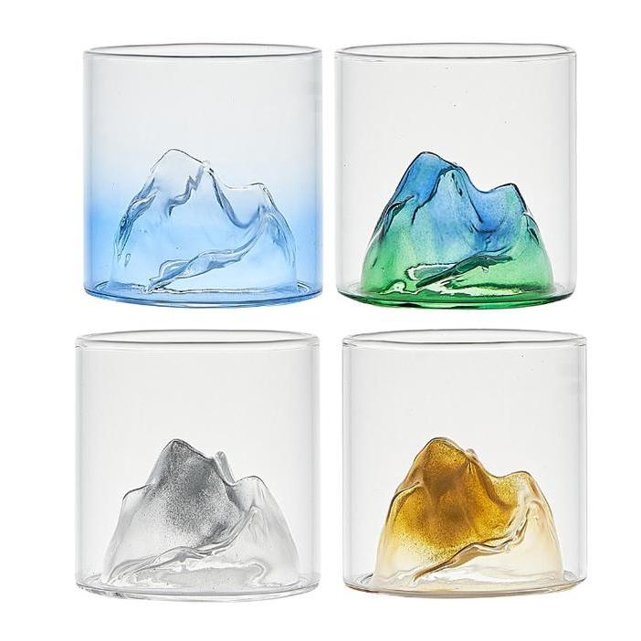 READY Gelas Kaca Aesthetic / Gelas Motif Gunung / Gelas Unik / Gelas Minum Mountain Teh / Wine Biru