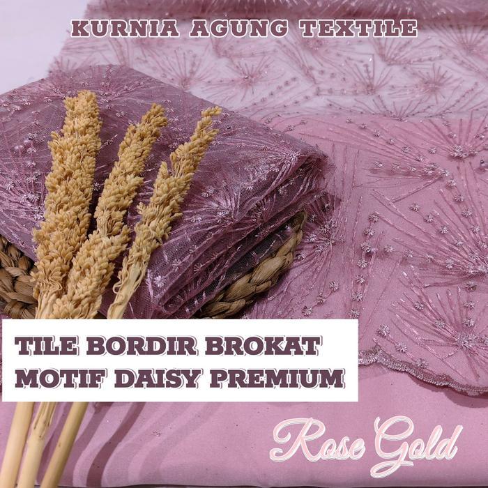 0,5 Meter Kain Tile Bordir Etnik Brokat Lace Etnik Sapto Sumba Premium Warna Rose Gold Motif Bunga