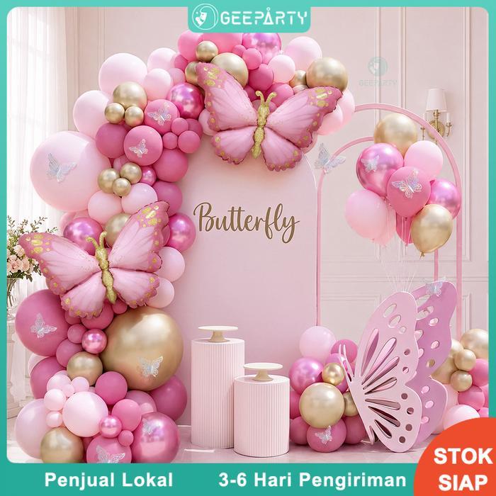 113pcs Kit Balon Foil Kupu-kupu Merah Muda Garland Balon Merah Muda Emas Untuk Dekorasi Pesta Ulang