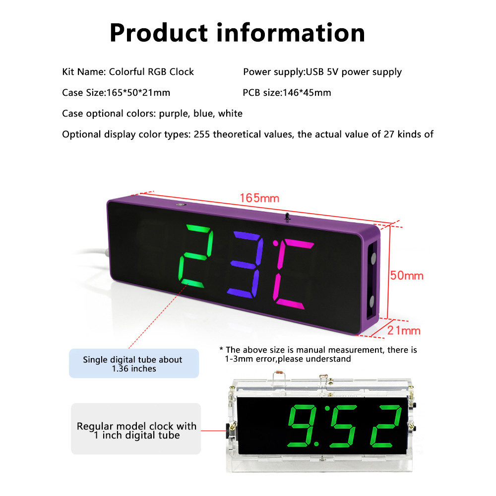 Electronic Digital Clock DIY Kit Colorful Rgb Clock DIY Parts LED Microcontroller Soldering Practice