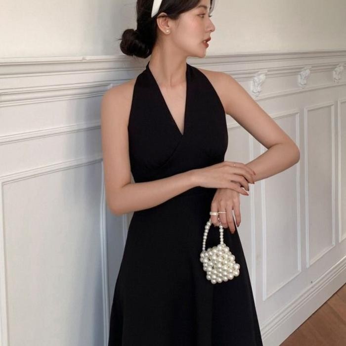 FOLADY - A078 Maxi Dress Wanita Ala Korea Style Import Dress Tanpa Lengan V - Neck Warna Hitam Dan