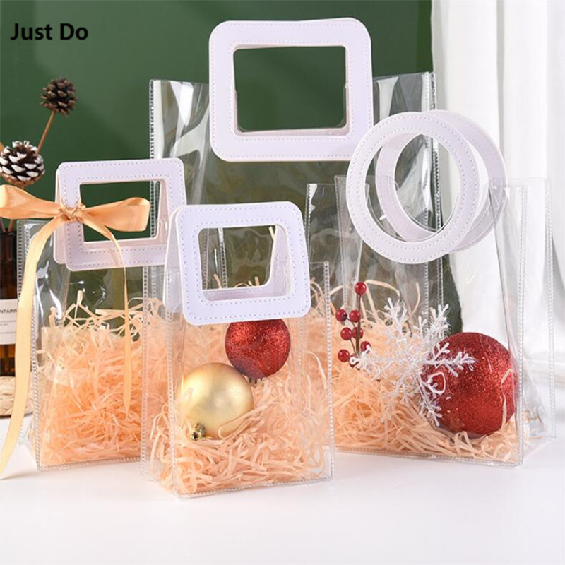 Thick Soft PlasticTransparent PVC Gift Bag with White Pink Round Handle PVC Transparent Gift Bag wit