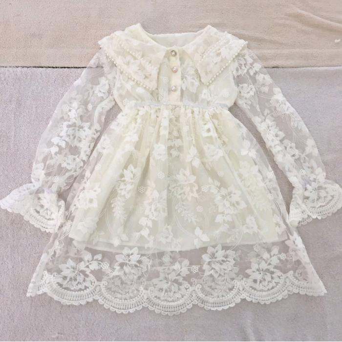 Dress Brukat Putih Anak 4-10Th Lengan Panjang Gaun Lace Brokat Impor Premium