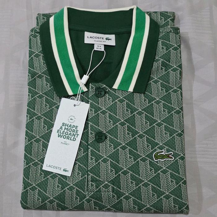 BRAND NEW LACOSTE JACQUARD Monogram Green Polo Shirt AUTHENTIC
