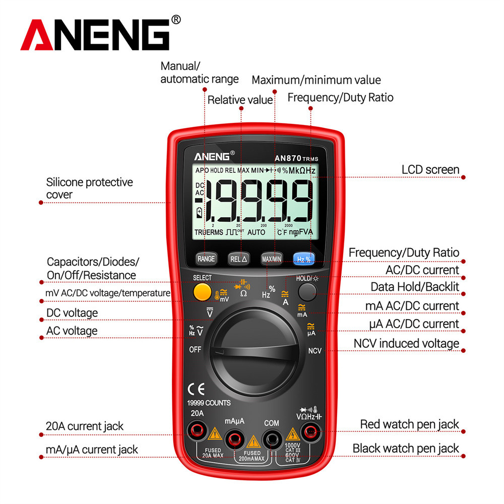 ANENG AN870 Digital Multimeter 19999 Counts True Rms Multimeters Transistor Tester Voltimetro