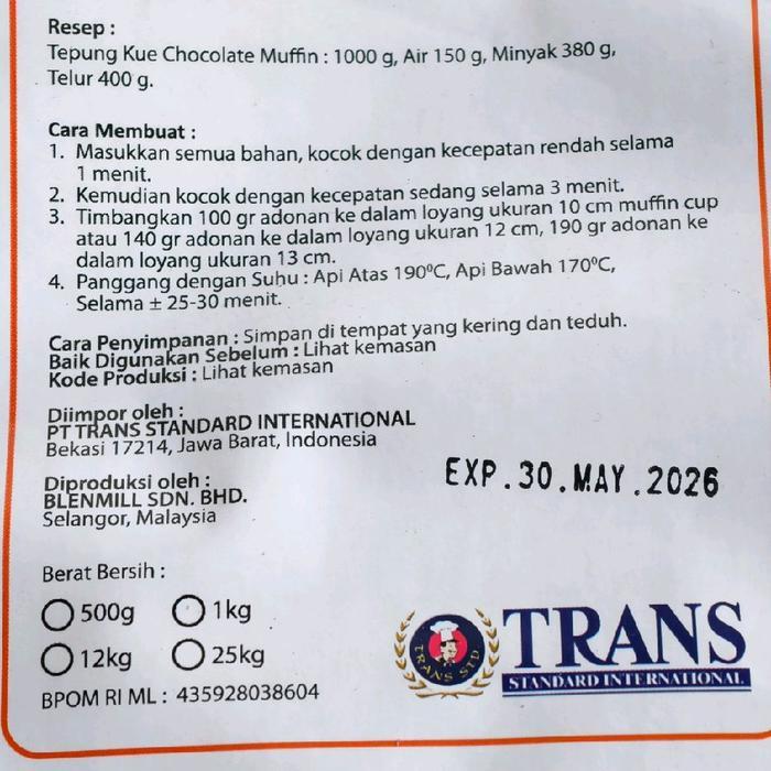Trans Chocolate Muffin Mix 500Gr / Tepung Premix Trans Muffin Coklat