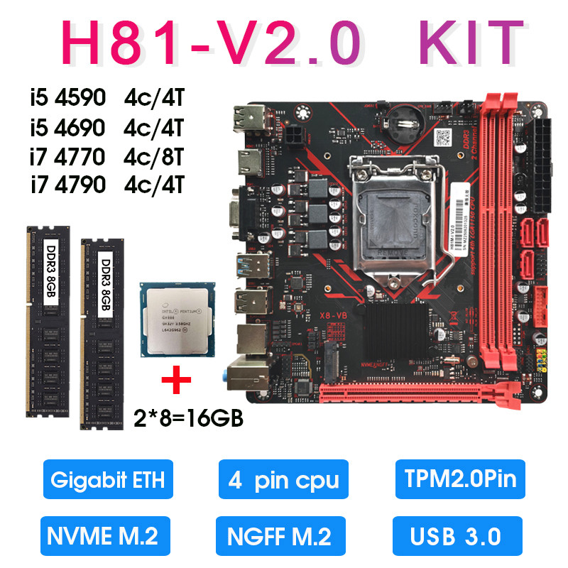 H81 Desktop PC TPM 2.0 PIN Mini ITX Motherboard Set Kit with I5 4590 4690 I7 4770 4790 CPU and 16GB