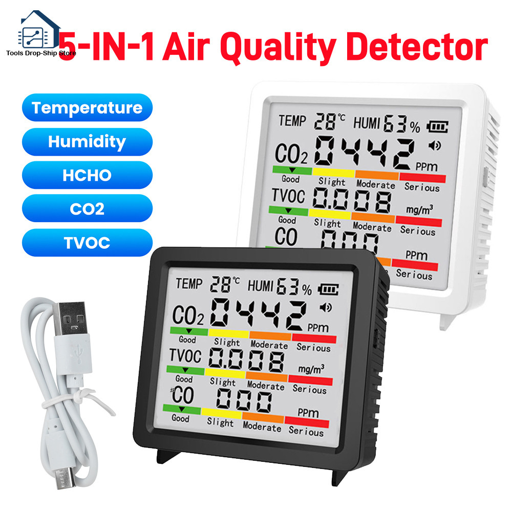5 in 1 Large Sreen Air Quality Detetor Temperature Humidity Gauge Meter O2 HHO TVO Meter arbon