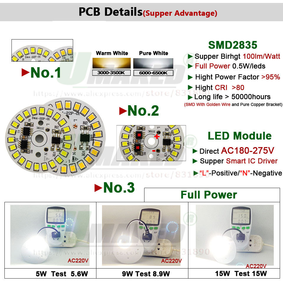 AC220V Smart IC Driver LED PCB Lamp panel 3W 5W 7W 9W 12W 15W SMD2835 Chip Light source Tinned 20cm 