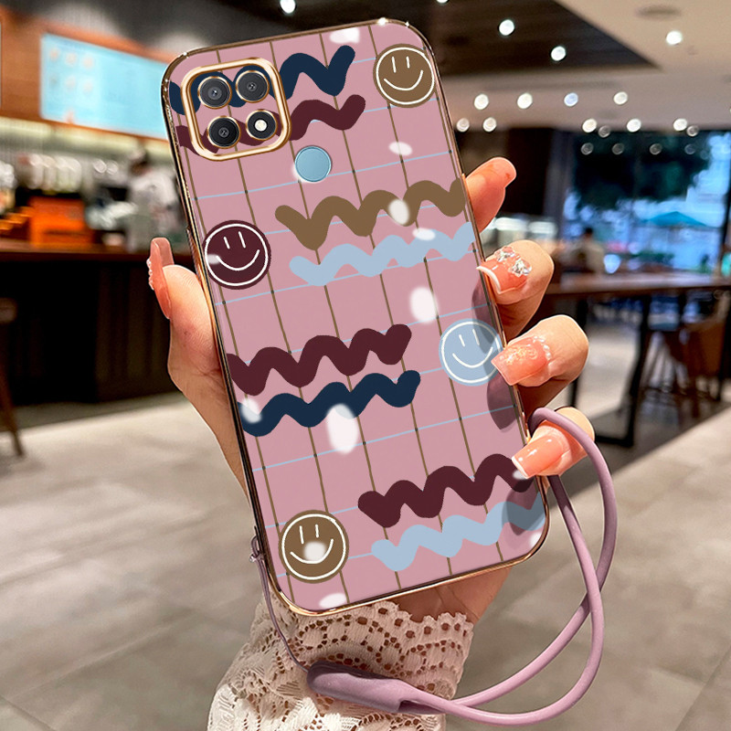 Casing Hp Untuk OPPO A15 A15s A35 Case Casing HP pola Wajah tersenyum lucu Kesing Cesing tali berlap