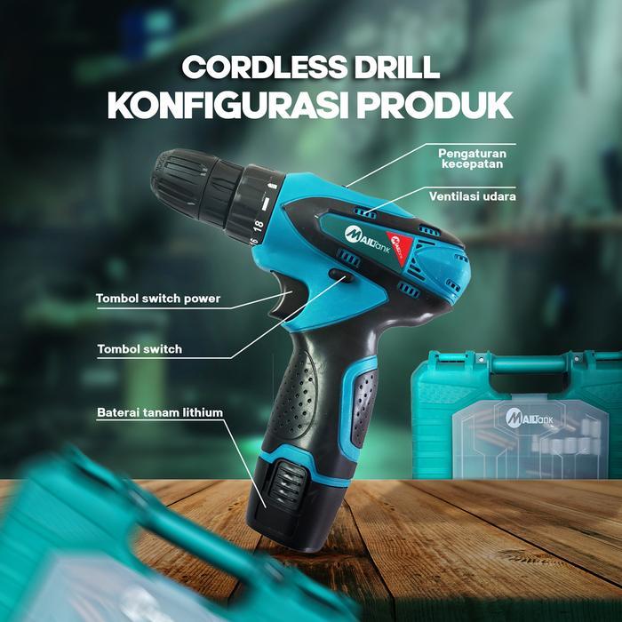 NEW MailTank SH191 Mesin Bor Baterai Cordless Drill 12V MailTank , BOR CAS 2 BATERAI