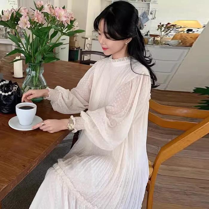 Promo Long Dress/ Gaun Muslim Cream Simple Wanita Style Korea Big Size Gamis Maxi Pesta Fairy Collar