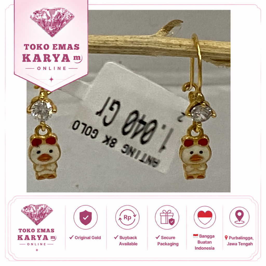 D46 8k 375 Anting Gondel Emas Asli 8k Anak Premium Tahan Karat Toko Mas Karya Model Kartun Ayam