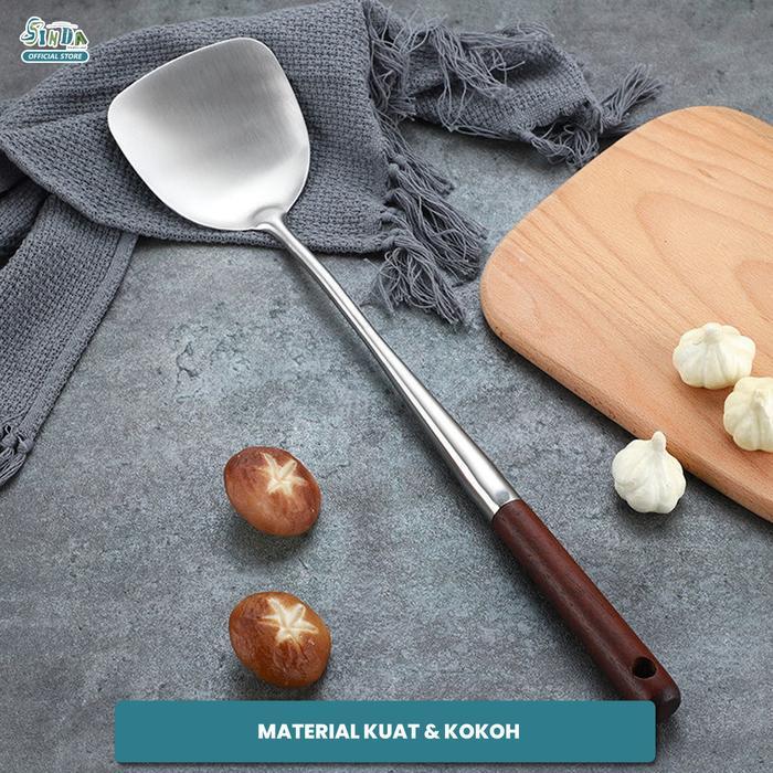Sinda Spatula Stainless Steel paket 3pcs Nr-2029 Gagang Kayu Panjang Tahan Panas untuk Memasak &
