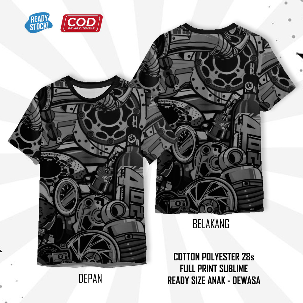Kaos 3D Fullprint Onderdil Mesin Motor Mobil Motif 1 Casual Printing Distro Unisex Anak Dewasa - Kal