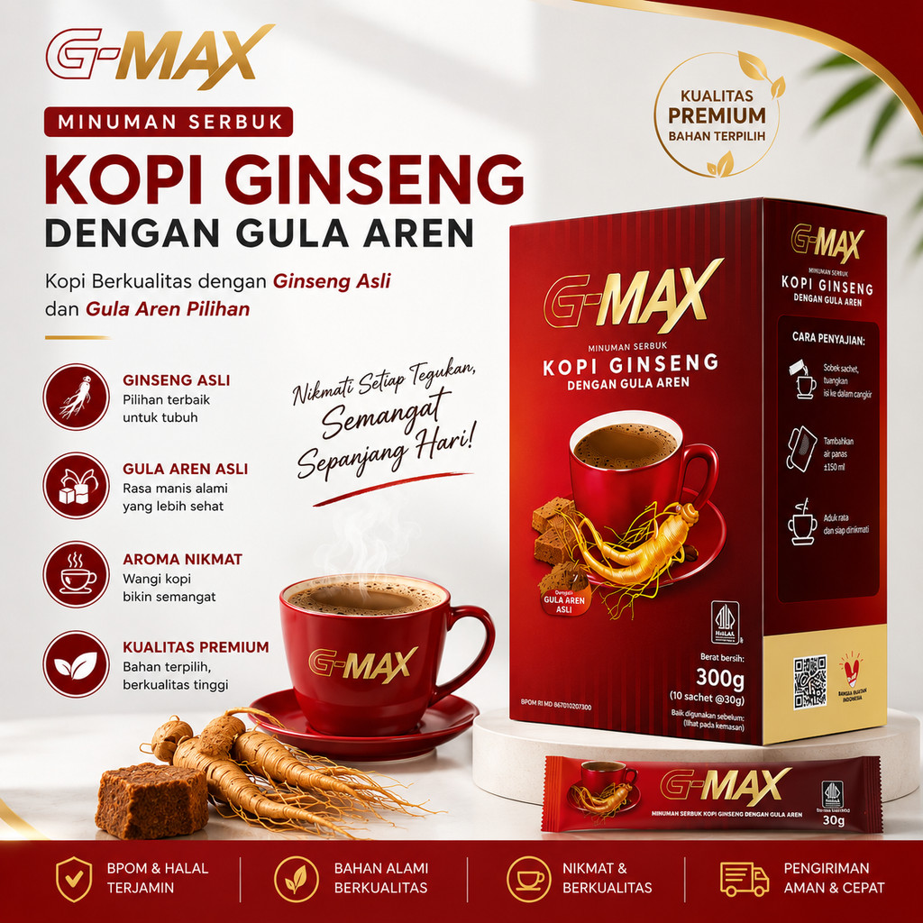 Kopi Instan Bubuk-G-MAX Minuman Kopi Ginseng Gula Aren Kopi Serbuk 10 Sachet
