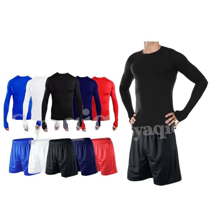 Paket Setelan Olahraga Manset Baselayer Pria Tangan Panjang dan Celana Kolor Bola Futsal Dewasa