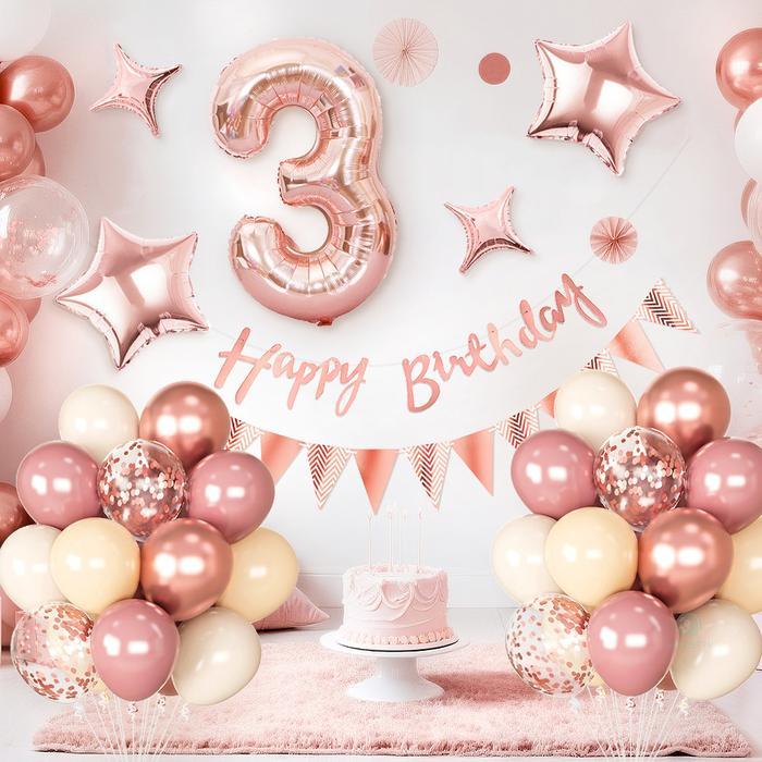 35 Pcs Balon Foil Bintang Mawar Merah Muda Emas Spanduk Set Untuk Dekorasi Pesta Ulang Tahun