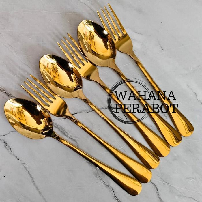 Official Set Sendok Makan Emas Dan Sendok Garpu Emas Super Tebal Stainles Sendok Sultan Sendok