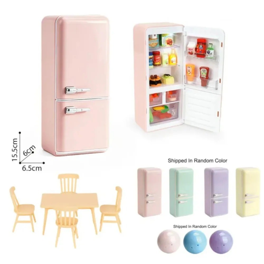 4 Macaron Shades Mini Fridge Blind Box Kit: Random Food Miniatures,Mini Table & Chairs,Fun Blind