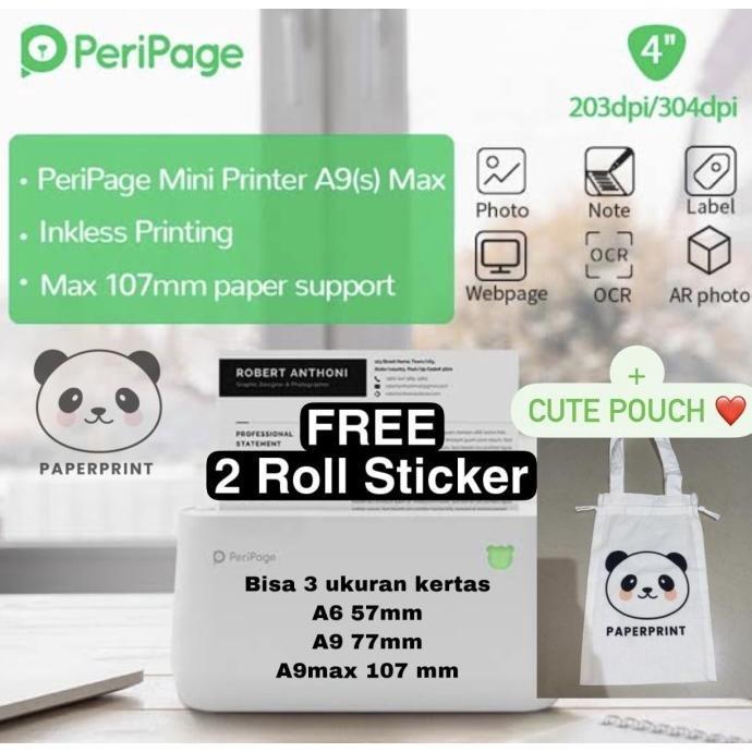 Terlaris PERIPAGE A9S MAX 304 dpi Mini Printer Thermal Bluetooth