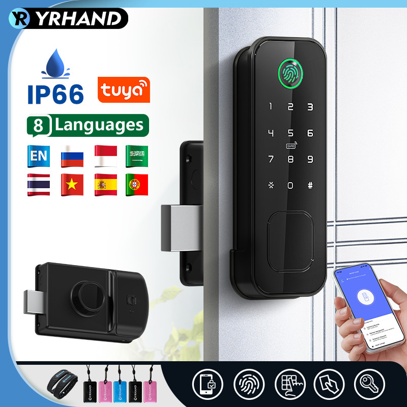 YRHAND Tuya wifi 8 language Fingerprint IP66 terproof Outdoor Gate Passcode Rfid Card Keyless Smart