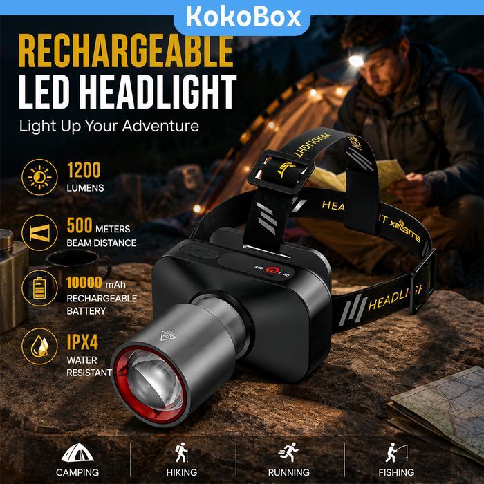 Ready Kokobox 10000Mah Senter Kepala Super Terang Anti Air Senter Kepala Zoom 1200 Lumen