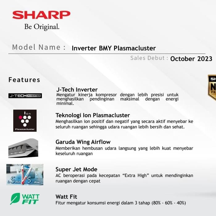 FREE ONGKIR AC SHARP 1PK AH -XP10BMY GARUDA SERIES INVERTER PLASMACLUSTER+ PASANG