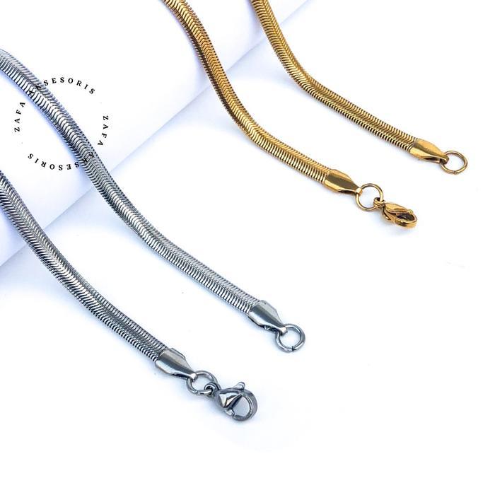 ys4k- Zafa Kalung Titanium Pria Wanita Anti Karat Gepeng Lebar Silver Gold - Flat Kalung