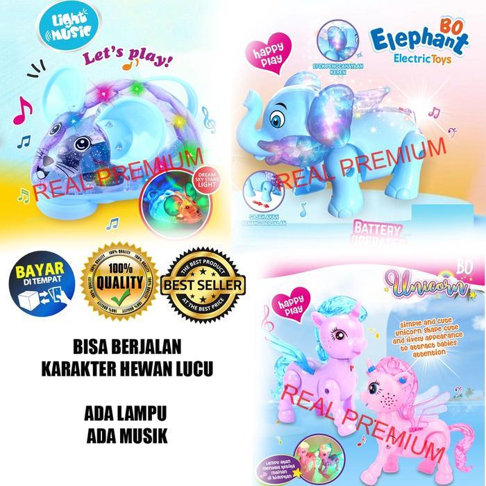 Yoli Toys Mainan Lucu Hewan Bisa Berjalan Ada Lampu Dan Musik Bump And Go Karakter Unicorn Gajah