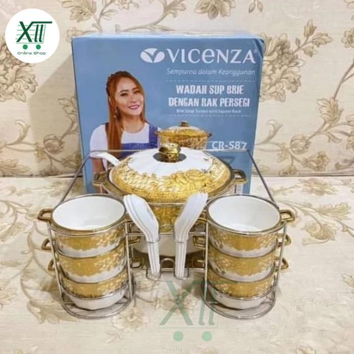 Vicenza Cr~S87 Gemini Brie Soup Tureen Set With Bowl & Square Rack Wadah Sup Bulat Dengan Mangkok &