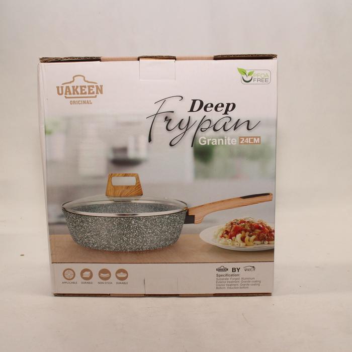 Deep Fry Pan Granite Marble Tutup Kaca Gagang Kayu Uakeen