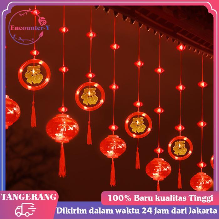 1set Lampu Tirai Imlek Lampu Hias Imlek Merah Lampion Imlek Lampu