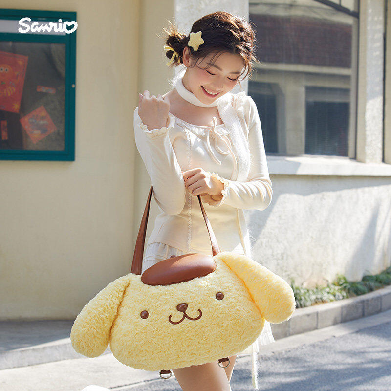 Pompomurin Plush Bag Kaii Cartoon Cinnamoroll Head Shape Plush Big Face Bag One Shoulder Crossbody