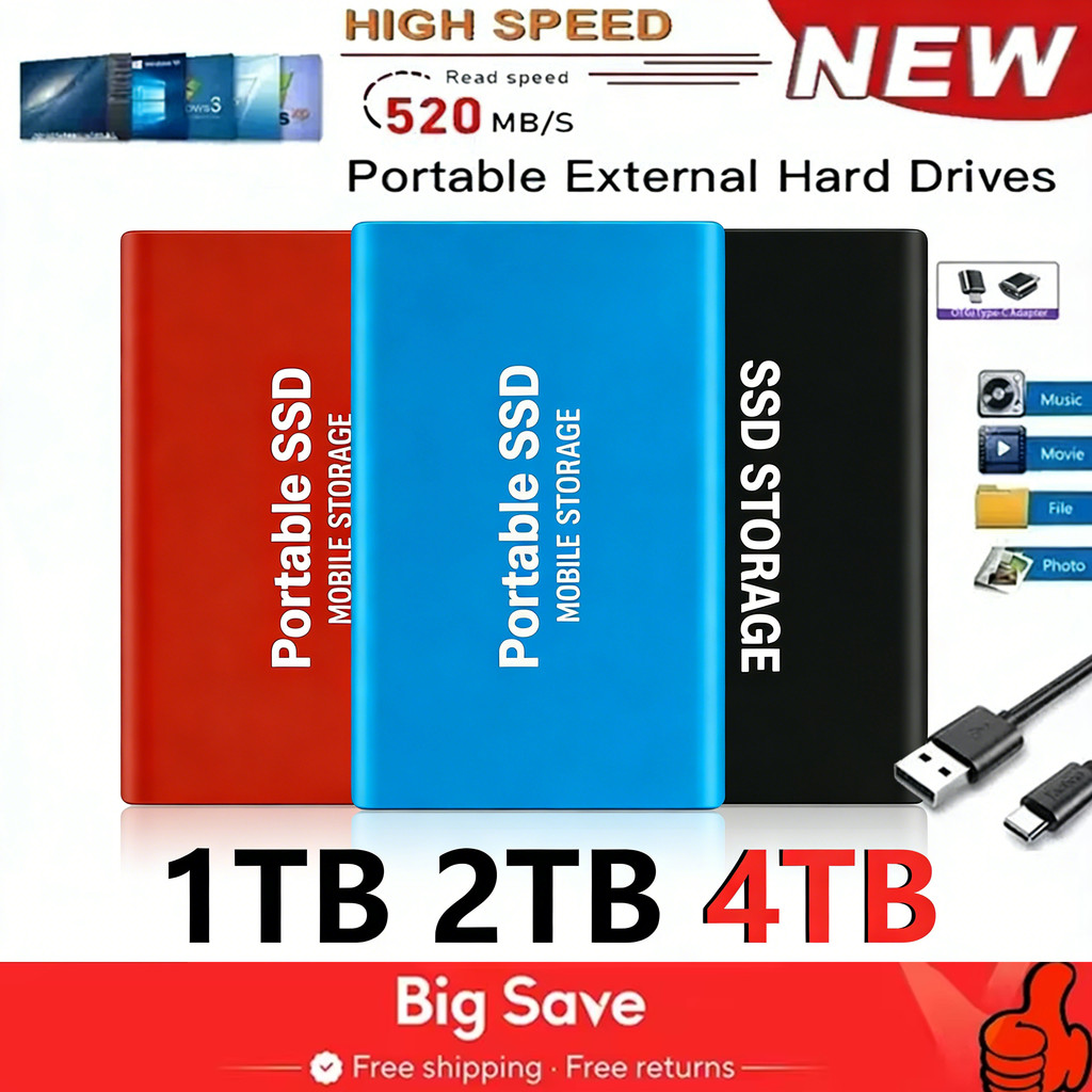 4TB High-speed Portable SSD 1TB External Hard Drive Genuine USB3.1 Solid-state Drives 2TB External